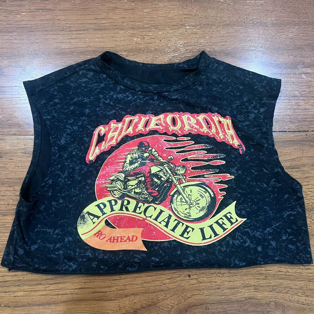 California Biker Graphic Crop Muscle Tank - Acid Wash Gray - Size Medium - Picture 2 of 7